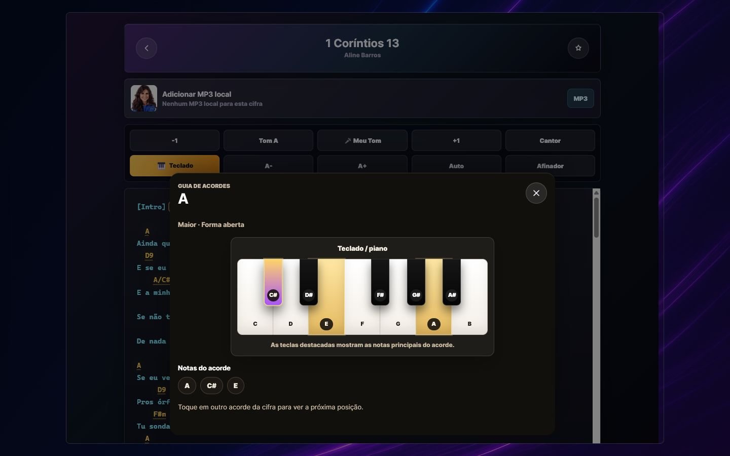 Guia de acordes para teclado no Adorar Pro