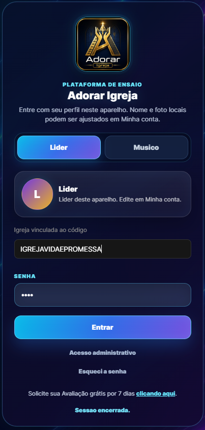 Tela de acesso do Adorar Igreja com seleção de perfil e código da igreja